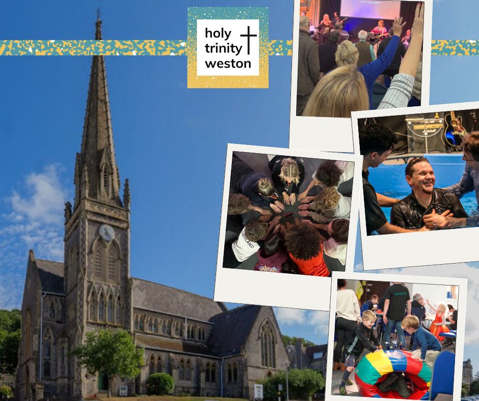 Holy Trinity Weston collage showing the church building, current logo, worship, baptism and children’s activities.