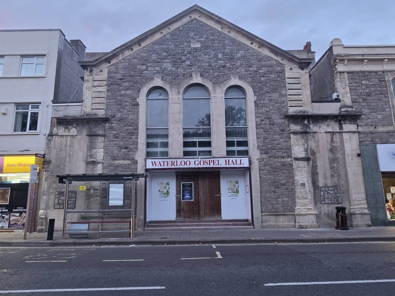 Waterloo Gospel Hall stone frontage, entrance and sign on Waterloo Street, Weston-super-Mare